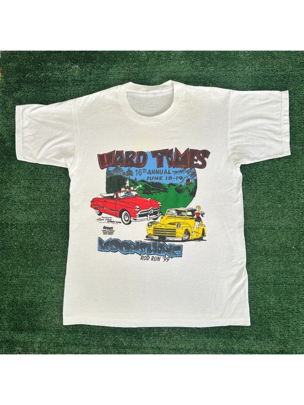 Vintage 90s Moonshine Rod Run Car Show T-Shirt Colorful Retro Americana White M